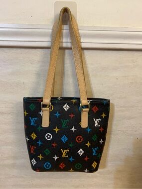 Designer Inspired Black Multicolor Monogram Shoulder Bag with Tan Straps